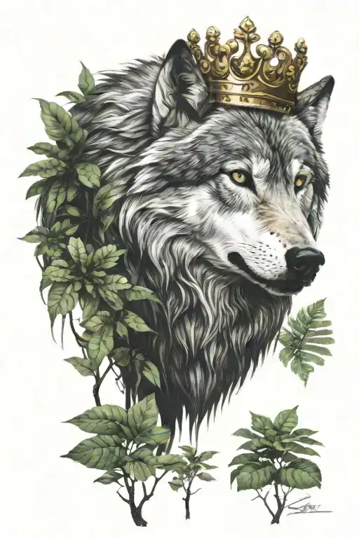wolf with crown in jungle background  tattoo design idea