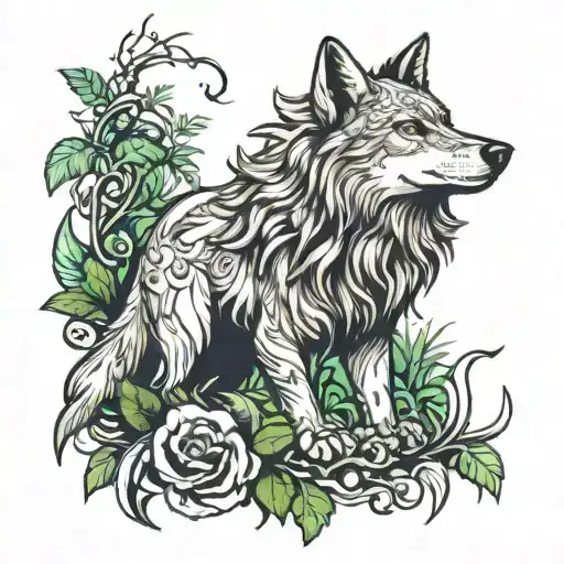 wolf with crown in jungle background tattoo design idea