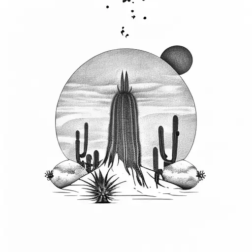 A sketch-style tattoo of the Dark Tower surrounded by cacti in a desert landscape, with the Gunslinger's silhouette in the foreground tattoo design idea