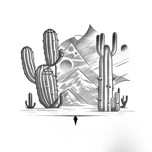 A sketch-style tattoo of the Dark Tower surrounded by cacti in a desert landscape, with the Gunslinger's silhouette in the foreground tattoo design idea