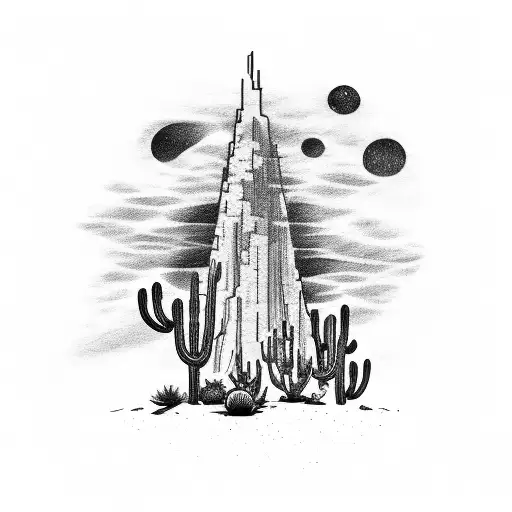 A sketch-style tattoo of the Dark Tower surrounded by cacti in a desert landscape, with the Gunslinger's silhouette in the foreground tattoo design idea