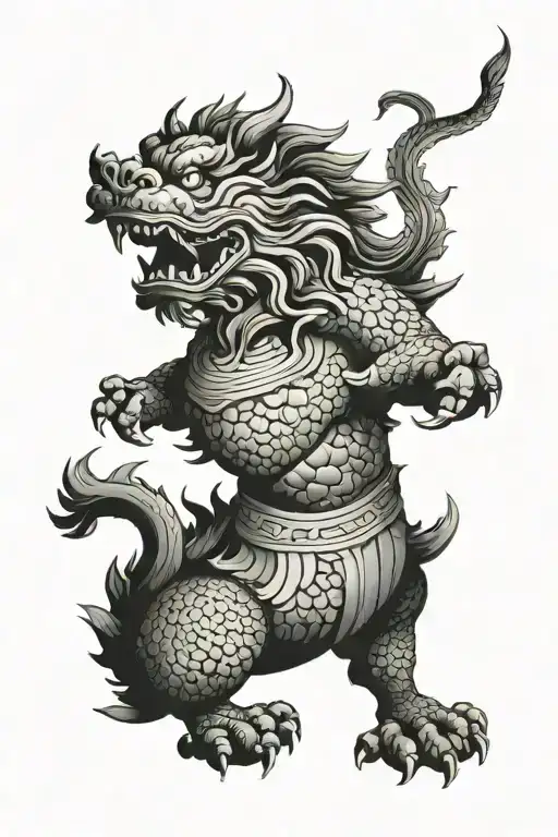 Large powerful foo dog standing guard over the Ming dynasty on a dark and rainy evening as the sun is going down  tattoo design idea