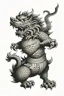 Large powerful foo dog standing guard over the Ming dynasty on a dark and rainy evening as the sun is going down  tattoo design idea