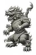 Large powerful foo dog standing guard over the Ming dynasty on a dark and rainy evening as the sun is going down  tattoo design idea