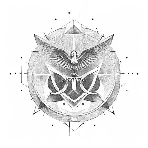 Phoenix revolving around caduceus and hourglass with Gemini symbol , geometric style ,minimalist ,black and white  tattoo design idea