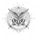 Phoenix revolving around caduceus and hourglass with Gemini symbol , geometric style ,minimalist ,black and white  tattoo design idea