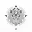 Phoenix revolving around caduceus and hourglass with Gemini symbol , geometric style ,minimalist ,black and white  tattoo design idea