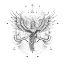 Phoenix revolving around caduceus and hourglass with Gemini symbol , geometric style ,minimalist ,black and white  tattoo design idea