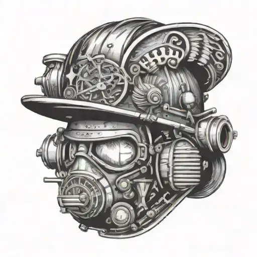 An intricate design of a firefighter's helmet with musical instruments and academic symbols incorporated, representing the client's dedication to their occupation and interests tattoo design idea