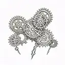 A dotwork tattoo of a clock mechanism with gears and intricate details, symbolizing the client's love for timepieces and mechanical intricacies tattoo design idea