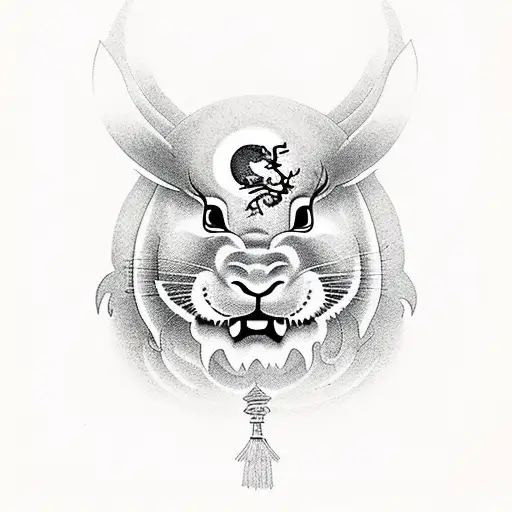 Night time, in the jungle with a chinese temple in the mountains. Focusing on four animals. A Moon Rabbit, Fu Dog, Hors  tattoo design idea