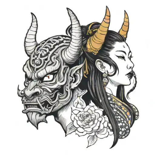 Ukiyo-e style maiden and Oni mask, symbolizing the struggle between good and evil. tattoo design idea