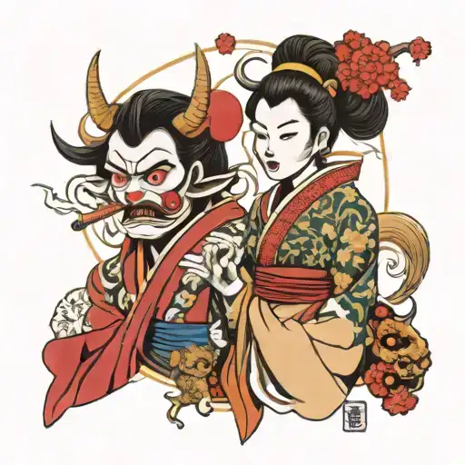 Ukiyo-e style maiden and Oni mask, symbolizing the struggle between good and evil. tattoo design idea