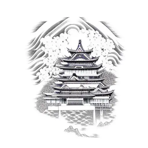 feudal Japanese castle in the background, burning village in the middle, and a samarai mask in the foreground  tattoo design idea