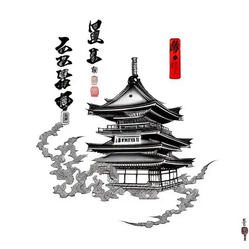 burning Japanese village with samurai mask tattoo design idea