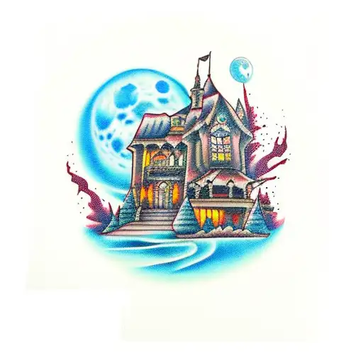A traditional style tattoo of a haunted house with a blue moon shining above, representing the client's love for horror films tattoo design idea