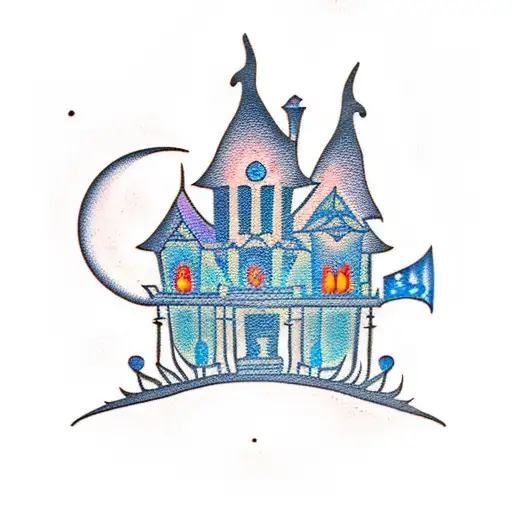 A traditional style tattoo of a haunted house with a blue moon shining above, representing the client's love for horror films tattoo design idea