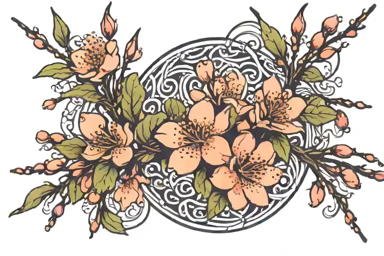 two branches of Peach blossom that start from different points and meets to create a circle tattoo design idea