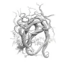 Thyrsus with ivy vine wrapped around it, halfway up, the vine turns into a snake. There are grape bunches  tattoo design idea