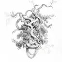 Thyrsus with ivy vine wrapped around it, halfway up, the vine turns into a snake. There are grape bunches  tattoo design idea