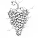 pinecone tipped staff with ivy vine wrapped around it, halfway up, the vine turns into a snake. There are grape bunches  tattoo design idea