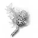 pinecone tipped staff with ivy vine wrapped around it, halfway up, the vine turns into a snake. There are grape bunches  tattoo design idea