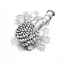 pinecone tipped staff with ivy vine wrapped around it, halfway up, the vine turns into a snake. There are grape bunches  tattoo design idea