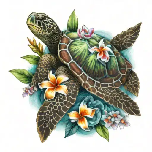 tropical flowers around sea turtle tattoo design idea
