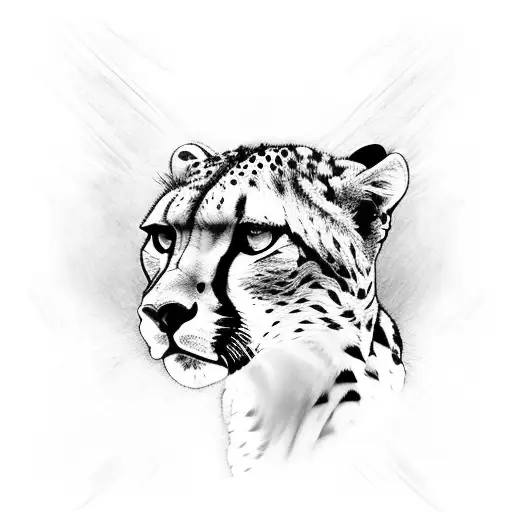 Outline of a cheetah head resemboling brotherhood  with  a heavy renaissance style to it, masculine tattoo design idea