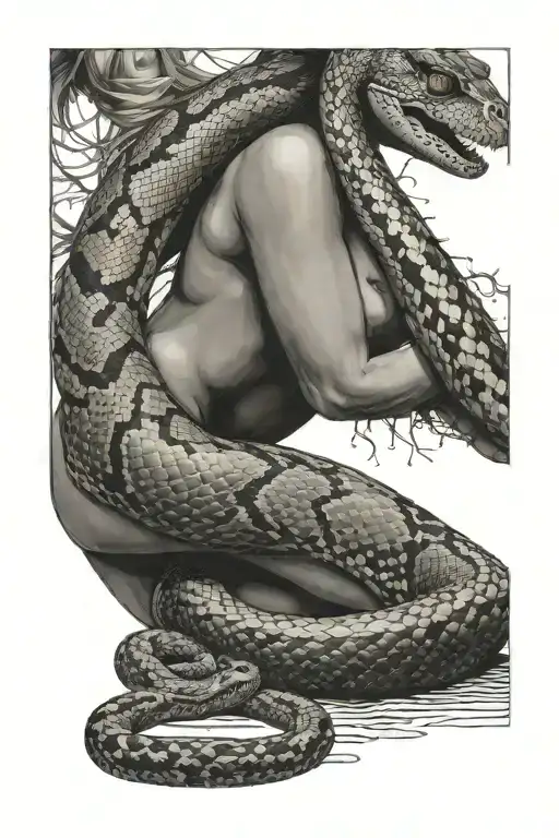 An anatomically accurate python constricting a woman's thigh, with the python's head on the woman's abdomen. tattoo design idea