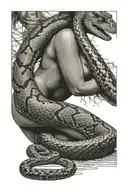An anatomically accurate python constricting a woman's thigh, with the python's head on the woman's abdomen. tattoo design idea