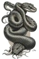 An anatomically accurate python constricting a woman's thigh, with the python's head on the woman's abdomen. tattoo design idea
