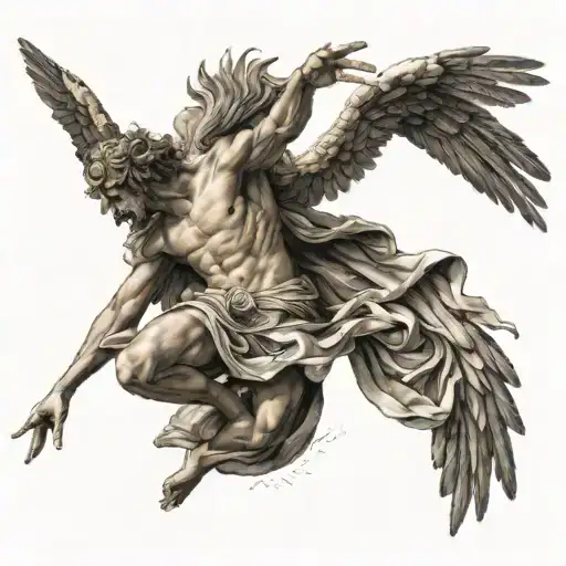 generate me a tattoo of the greek god icarus falling downinorporated into 3 crosses and fill it in with religious theme  tattoo design idea