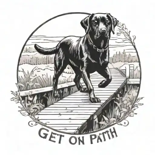 Black lab walking down a wooden path in minnesota. with the motto "Get on Path, Stay on Path" tattoo design idea