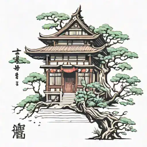 Design a Japanese style house with intricate details, incorporating a small tree as a symbol of growth and life. Integrate your daughters' names in Japanese characters for a personal touch. tattoo design idea