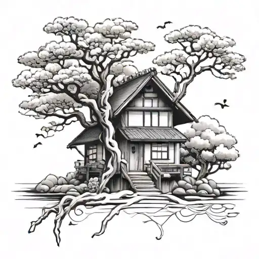 Incorporate elements of Japanese architecture and design into a small house tattoo, with a tiny tree representing your daughters' growth. Add their names in Japanese characters for a personalized touch. tattoo design idea