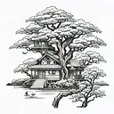 Design a Japanese style house with intricate details, incorporating a small tree as a symbol of growth and life. Integrate your daughters' names in Japanese characters for a personal touch. tattoo design idea