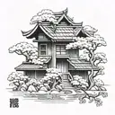 Design a Japanese style house with intricate details, incorporating a small tree as a symbol of growth and life. Integrate your daughters' names in Japanese characters for a personal touch. tattoo design idea