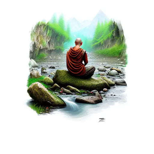 monk sitting on a rock in a river tattoo design idea