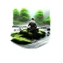 monk sitting on a rock in a river tattoo design idea