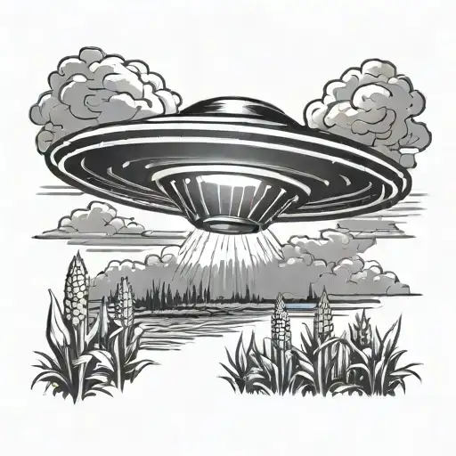 ufo beaming in a cloudy sky around a corn field tattoo design idea