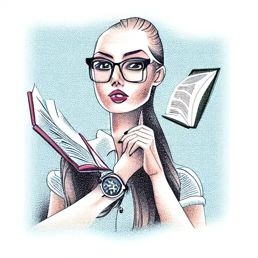 Sexy accountant girl with glases, keeps book in hand tattoo design idea