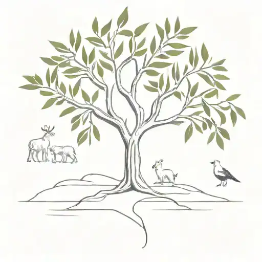 olive tree with animals and birds around tattoo design idea