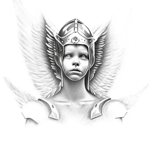 angel warrior with armor holding an infant in one hand and a severed head in the other hand tattoo design idea