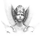 angel warrior with armor holding an infant in one hand and a severed head in the other hand tattoo design idea