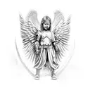 angel warrior with armor holding an infant in one hand and a severed head in the other hand tattoo design idea