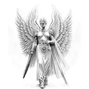 angel warrior with armor holding an infant in one hand and a severed head in the other hand tattoo design idea