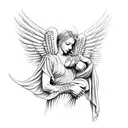 angel warrior with armor holding an infant in one hand and a severed head in the other hand tattoo design idea