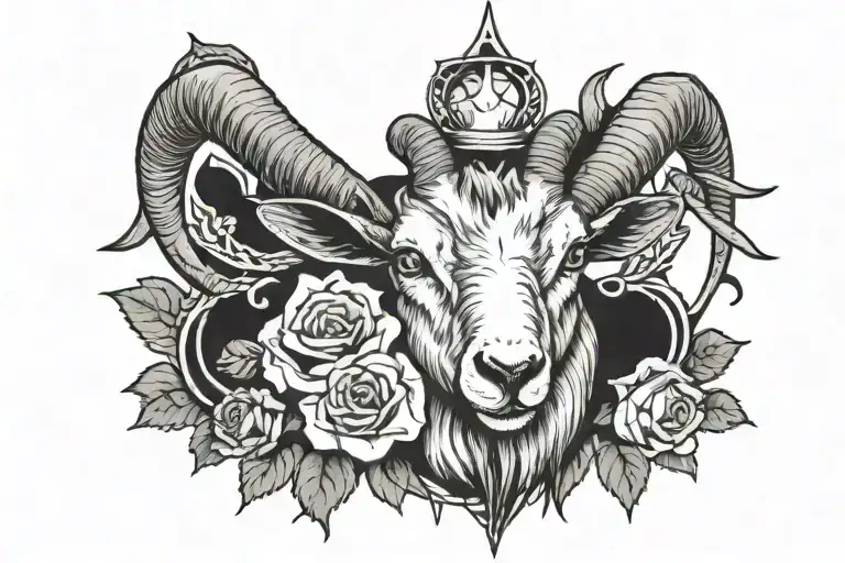 a goat's head with long horns, a cross in the middle, around a rose and a candle tattoo design idea