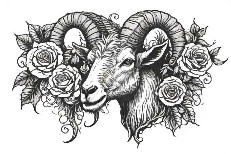 a goat's head with long horns, a cross in the middle, roses and candles around it tattoo design idea